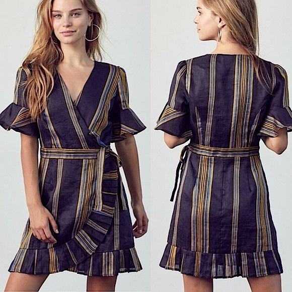 Honey Punch Linen Black Striped Ruffled Mini Wrap Dress Puff Sleeve NWT Boho S - Picture 2 of 16